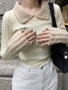 FRIFUL Women's Cream Casual French Cute Everyday Long-Sleeved Sweater Everyday Fall Brunch Date Work Winter - Apricot - View 2