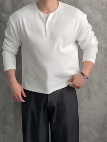 DAZY Spring/Autumn White Elastic Ribbed Knit Fabric Long Sleeve Crew Neck Half-Button Front Korean Style Men's T-Shirt - White - View 6