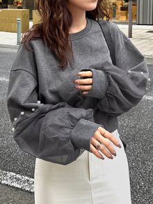 FRIFUL Women's Solid Color Faux Pearl Decor Casual Daily Long Sleeve Sweatshirt - Grey - View 6