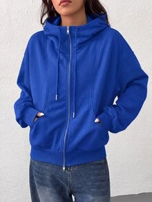 SHEIN EZwear 女款前拉鍊長袖口袋連帽衫， - 寶藍色 - 查看 4