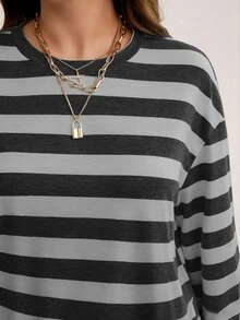 SHEIN LUNE Plus Size Women's Autumn/Winter Striped Print Loose Crew Neck Long Fall - Multicolor - View 3