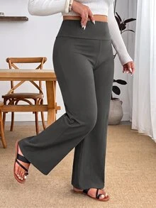 SHEIN PETITE CURVE 大尺碼女款純色高腰長褲，極簡日常穿搭，適合約會、度假、派對、日常外出、聚會、戶外活動 - 灰色 - 查看 9