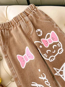 SHEIN ChillGRL Young Girl Denim Summer Jeans Washed Gray, Frill Trim & Flower Bud Waist Design, Cute Floral Rabbit Embroidery Wide Leg Denim Pants - Multicolor - View 5