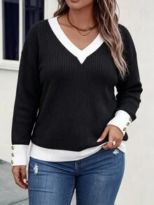 Glimmora Spring Autumn New Plus Size Colorblock V-Neck Sweatshirt Women Black White Patchwork Ribbed Knit Pullover Loose Drop Shoulder Casual Slimming Daily Commute Sweatshirt With Cuff Buttons - Multicolor - View 5