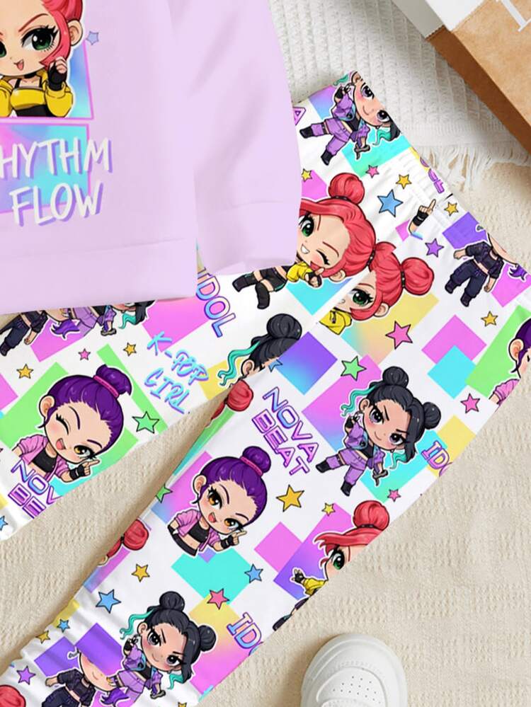 Kids Young Girl Cute Cartoon Girl Print, Colorful Polka Dot Crew Neck Long Sleeve Sweatshirt & Leggings 2-Piece Set, Suitable For Autumn/Winter Y2K - Multicolor - View 6