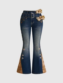 ROMWE Hippie Women's Jeans With Pattern Suede Patchwork, Rivet Decoration And Furry Waistband, Autumn/Winter - Blue - View 2