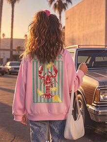 SHEIN 少女女孩秋冬休閒度假風粉色字母龍蝦圖案圓領套頭寬鬆抓絨運動衫 - 紅色 - 查看 3