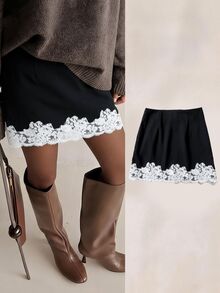Muvela Women's Solid Color Lace Patchwork Fashion Short Skirt - Black - View 6