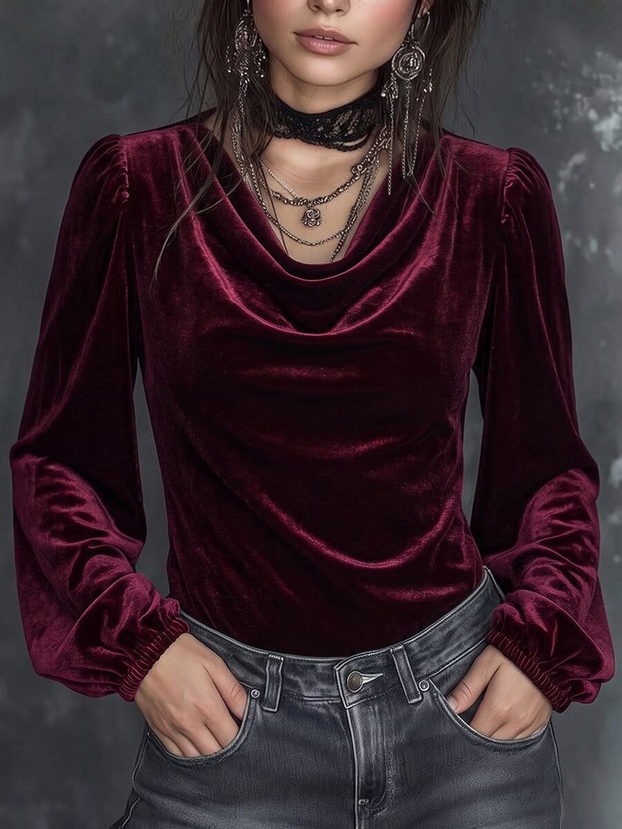 Glimmora Fashion Casual Basic Style Wine Fabric Feature Lantern Sleeve Design Women T-Shirt - Burgundy - View 1