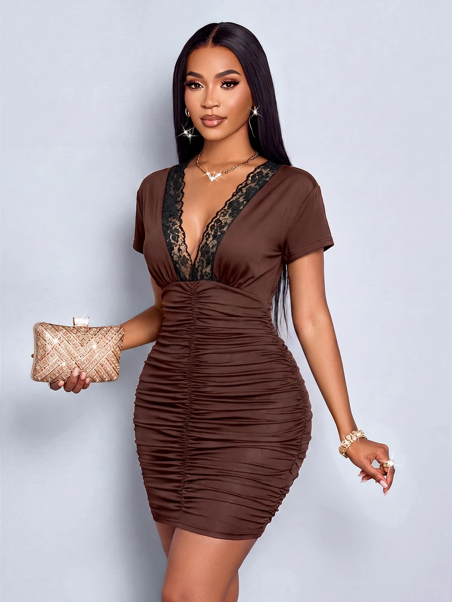 SOLERSUN Sexy Elegant Party Lace V-Neck Fitted Bodycon Mini Skirt For Women Spring Summer (Random Lace Trim) - Brown - View 1