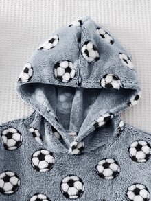SHEIN 青少年男孩秋冬足球圖案連帽長袖袋鼠口袋抓絨長款睡褲 - 霧霾藍 - 查看 4