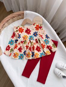 SHEIN Baby Girl Knitted Floral Pattern Round Neck Casual T-Shirt & Long Pants 2pcs Set - Multicolor - View 2