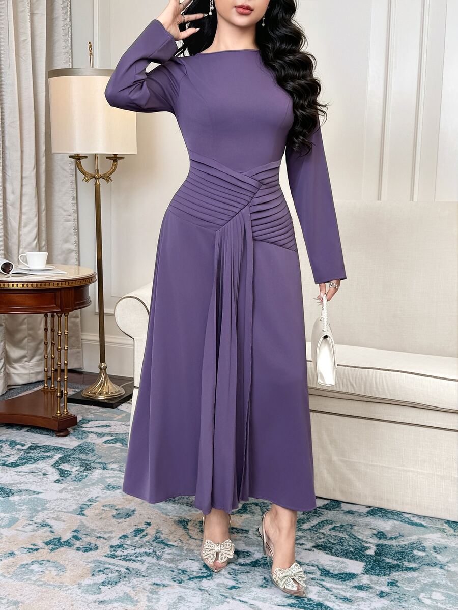 Feyla New Design Waist Pleated Ruched Slimming Elegant Elegant Daily Commute Party Dress - Purple - View 1