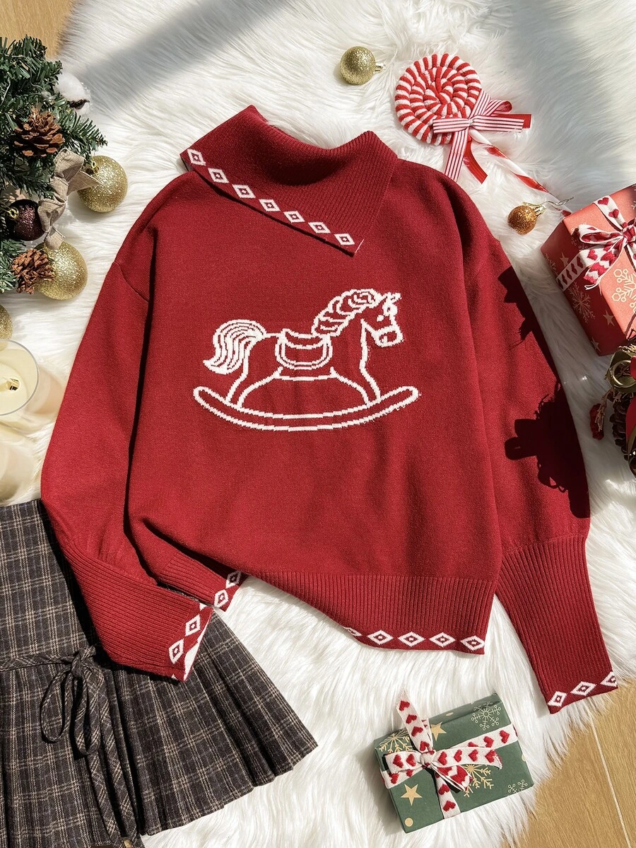 1pc Tween Girls Chic Horse Graphic Red Knitted Long Sleeve High Neck Soft Thick Sweaters Jumpers Pull Fall Tops Christmas Party Fall Winter - Red - View 1
