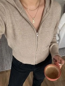 Dazy Plus Solid Color Fitted Short Hooded Zip-Up Long Sleeve Casual Streetwear Vacation Autumn/Winter Knit Cardigan - Khaki - View 7