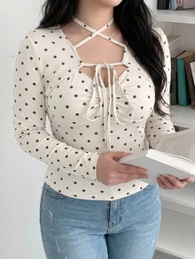 Dazy Plus Fashion Polka Dot Halter Neck Tie Fitted Korean Style Spring Autumn New Long Sleeve T-Shirt - Beige - View 5