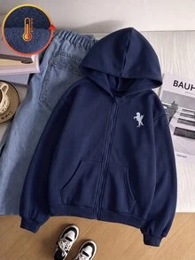 SHEIN 女孩休閒百搭寬鬆韓版開襟衛衣外套，返校季必備 - 藏蓝色 - 查看 4