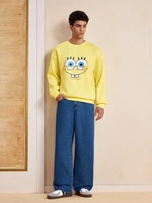SpongeBob SquarePants | SHEIN Men's Fashion Cartoon Button Pocket Loose Fit Denim Jeans - Medium Wash - View 6