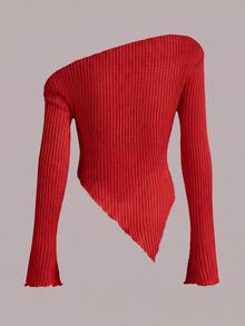 SHEIN ICON Y2K 頹廢風不對稱領口荷葉邊飾 T-shirt - 紅色 - 查看 3