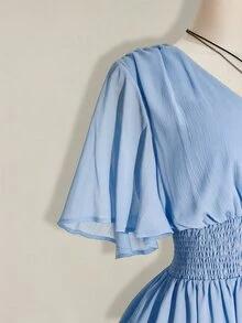 SHEIN ICON 大尺碼荷葉袖V領收腰A字洋裝，適合海灘度假、波希米亞風、嬉皮風、Y2K，適用夏季、夏季假期、情人節、優雅約會洋裝 - 淺藍色 - 查看 7