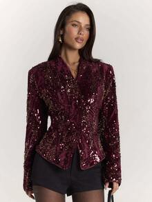 SHEIN BAE Blazer Pesta Elegan Wanita Lengan Panjang Berpayet dengan Desain Tumpang Tindih dan Pinggang yang Diikat - Burgundy - View 5