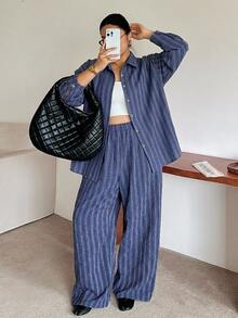 Dazy Plus Western Style Beach Vacation Solid Color Denim Effect Linen Material Loose Minimalist Spring Autumn Plus Size Women Two Pieces Set - Royal Blue - View 6