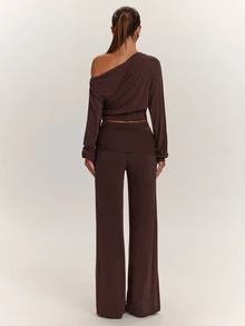 SHEIN BAE Fall Clothes For Women Sexy Asymmetrical Shoulder Top & Tie Waist Long Pants Brown Two Pieces Set Elegant Set Casual Set - Brown - View 2
