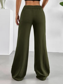 SHEIN Tall CURVE 女款大尺碼休閒極簡寬腿長褲 秋季 - 墨綠色 - 查看 2