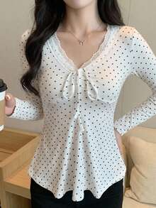 DAZY 女款夏季波點滿版印花抓皺無袖V領套頭休閒背心上衣 - 白色 - 查看 3