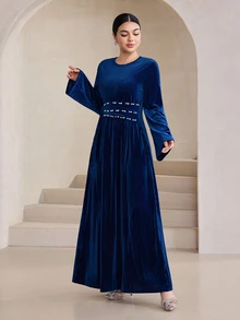 Graceveil Women's Autumn/Winter/Spring Small Round Neck Long Sleeve Belt Pearl Decor Arabic Long Dress With Bell Sleeves, Suitable For Dating, Vacation, Party - Royal Blue - View 4