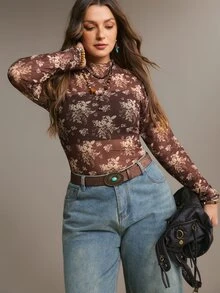 Freevana Plus Size Women Vintage Floral Print Frill Trim Blouse - Brown - View 6