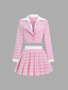 Sweetra American Style Commuter Girl Two Pieces Set, Stand Collar 2 In 1 Design Outerwear With Unique Pleated Slimming Textured Fabric Skirt, Early Autumn Bright Color Fashion Women's Two Pieces Set - Pink - View 1