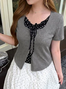 Bijouette Zanying Summer Plus Size Black And White Casual Elegant Sexy 2 In 1 Top Contrast Color Frill Trim Patchwork Polka Dot Inner Design Birthday - Grey - View 6