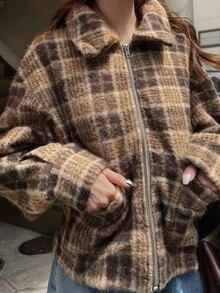 FRIFUL Women's Vintage Plaid Pocket Zipper Long Sleeve Jacket - Grey - View 7