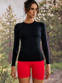 Exploreva Women's Simple Outdoor Solid Color Long Sleeve T-Shirt Sports Fitness - Black - View 3
