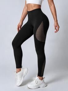 Slayform Slayform Women's Black Flocked Mesh Patchwork Sexy Sports Leggings - Black - View 3