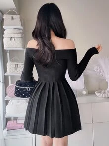 FRIFUL Women's Elegant Ribbed Pleated Off-Shoulder Sweater Dress - Black - View 3