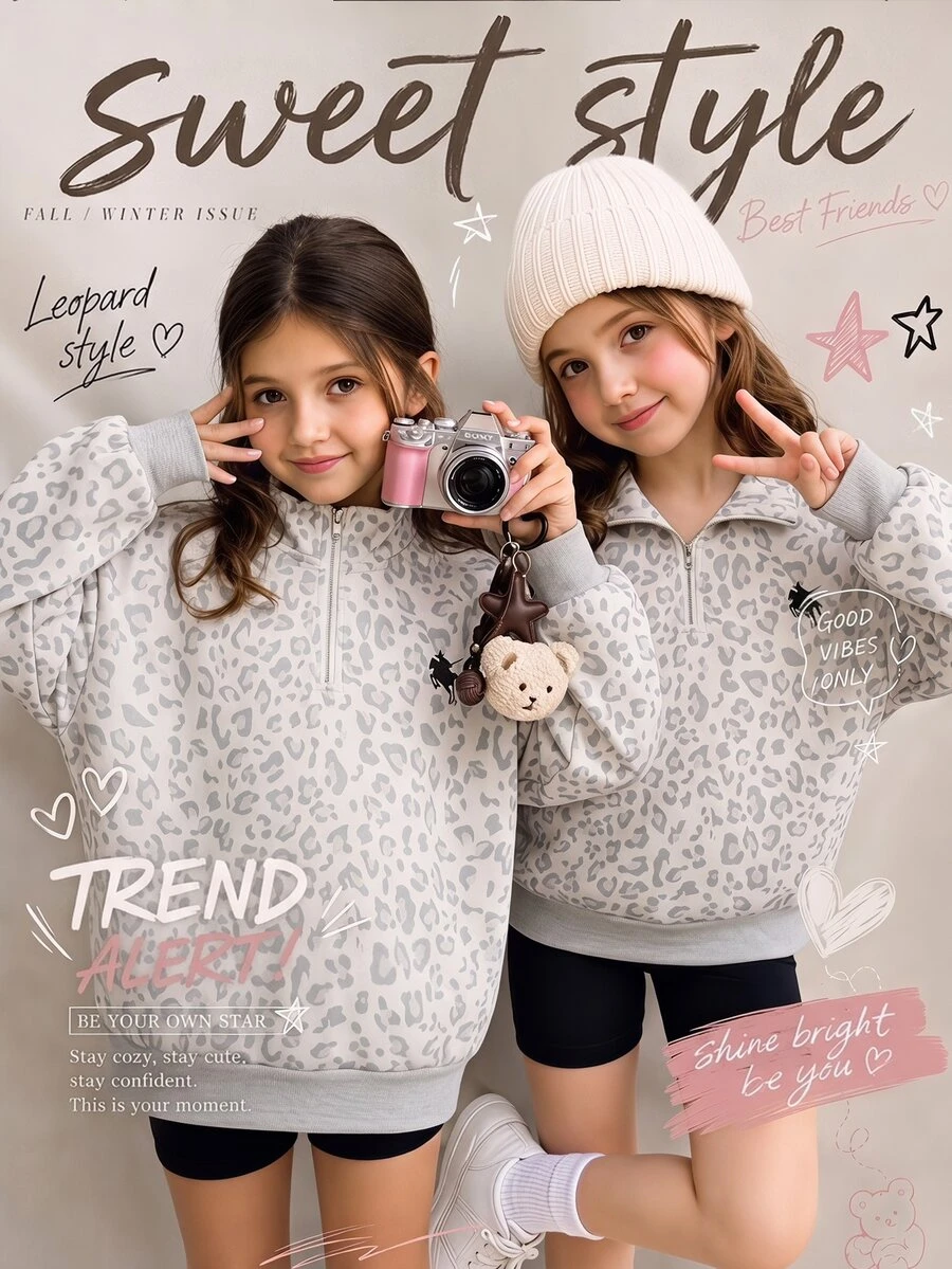 SHEIN Sweatshirt Longgar Setengah Rits untuk Anak Perempuan Praremaja, Motif Macan Tutul, Gaya Streetwear, Cocok untuk Perjalanan Harian - Grey - View 1