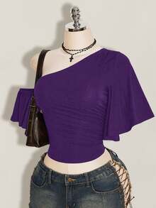 SHEIN ICON 女款性感不對稱單肩抓皺收腰上衣，適合約會穿著 - 紫色 - 查看 5