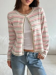 DAZY Women's Colorful Striped Loose Long Sleeve Round Neck Casual Vacation Korean Style Autumn/Winter Knit Cardigan - Pink - View 2