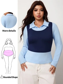 Enliva Plus Size Women's Faux Two Pieces Long Sleeve Collared T Shirt Layered Look Halloween Inspired Easy Cosplay Top Flattering Compatible With Apple Shape - Blue - View 1