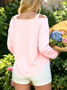 SHEIN Sovereign Charm تي شيرت رياضي بلون موحد بكتف مكشوف بارد - وردي فاتح - مشاهدة 3