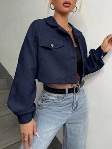 SHEIN EZwear 春秋穿搭落肩翻蓋設計短版燈芯絨夾克 秋冬款 - 藏蓝色 - 查看 3