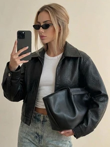 DAZY Fashion Versatile Faux PU Leather Short Motorcycle Jacket Women Loose Casual Zipper Outerwear - Black - View 7