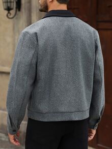 Manfinity Homme Men's Contrast Color Lapel Wool Jacket, Mature Casual Zipper Short Overcoat, Suitable For Halloween, Christmas, New Year, Gifts - Grey - View 2