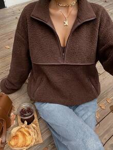 DAZY Brown Semi-High Neck Solid Color Loose Drop Shoulder Long Sleeve Casual Versatile Street Style Pullover Sweatshirt - Brown - View 6