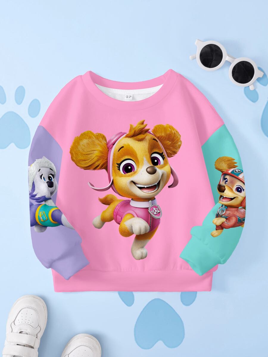 SHEIN | PAW Patrol Young Girl Cute Dog Pattern Contrast Color Crew Neck Long Sleeve Sweatshirt - White - View 1