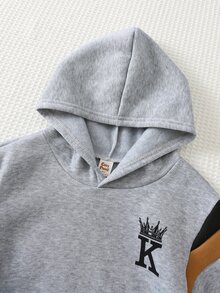 Cozy Pixies 2件組兒童小男孩休閒日常舒適連帽套頭撞色長袖運動衫與運動長褲針織套裝 - 灰色 - 查看 3