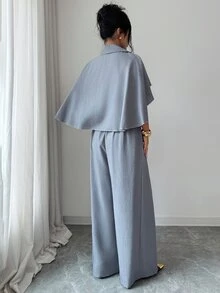 Elenzga Daily Commute Holiday Workplace Office Party Elegant Business Style Ruffle Cape Sleeve Lapel Cinched Waist Blazer Wide Leg Pants Set Solid Color Premium Gray Elegant Romantic - Grey - View 2