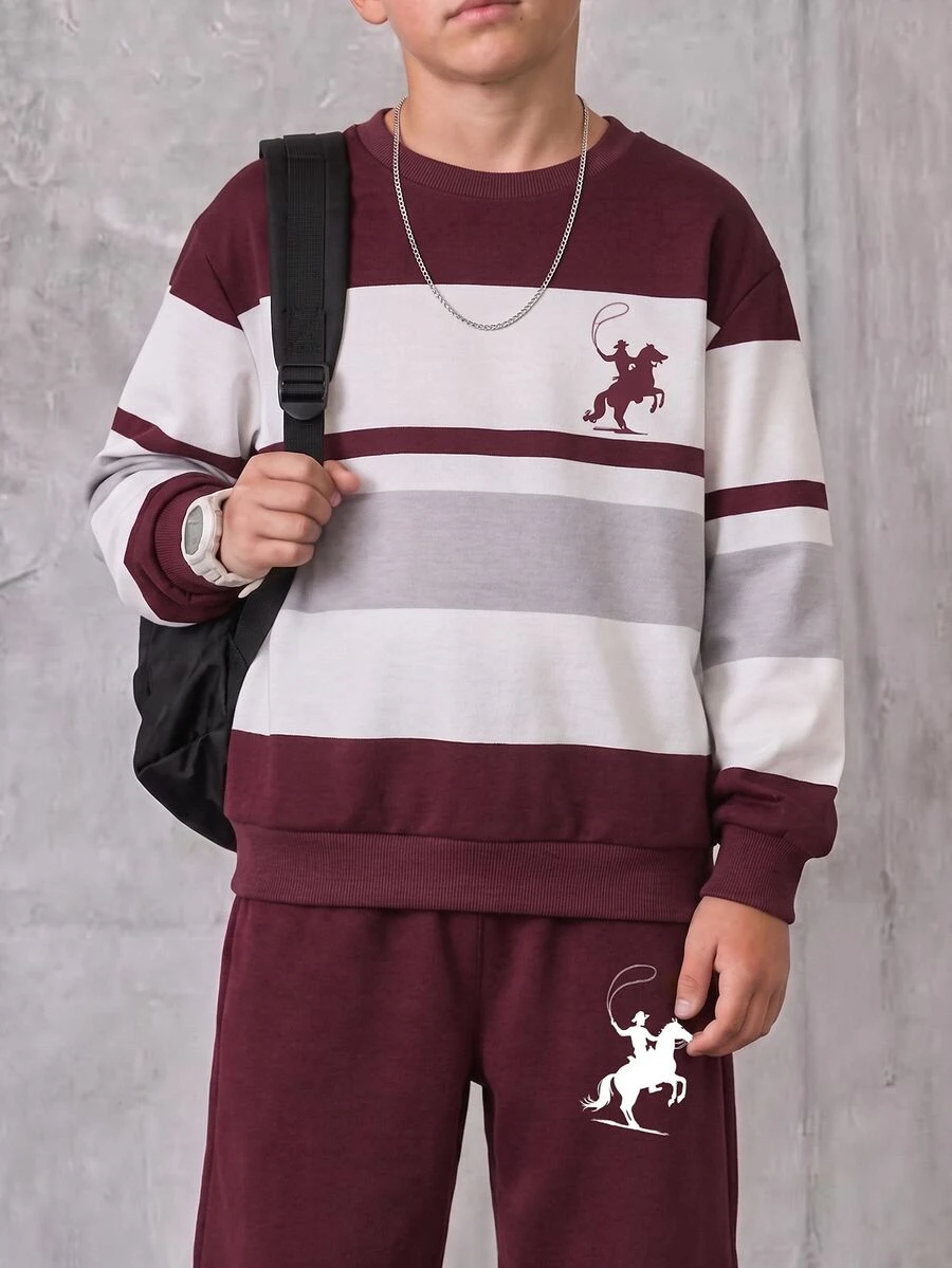 Men's Scoop Neck Sweatshirt Top, Burgundy Striped With Digital Print Logo, Suitable For Autumn/Winter - Multicolor - View 1